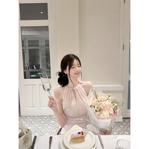 若语定制 娜扎同款 挂脖亮片少女蝴蝶结连衣裙纯欲性感显瘦生日裙