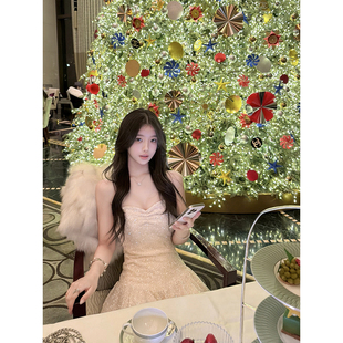 若语定制 心动圣诞夜 细闪亮片磨毛抹胸连衣裙名媛气质生日礼服裙