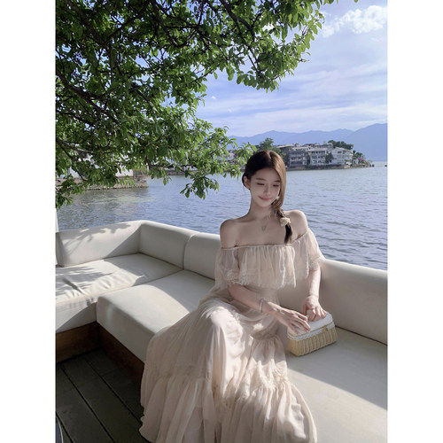 若语定制 少女安妮 纯欲气质名媛一字肩两穿蕾丝拼接收腰连衣裙