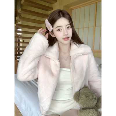 若语定制 甜心赴约 环保兔毛贝壳粉立领外套气质名媛短款环保皮草
