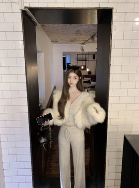 若语定制 慵懒入冬 Ari*磨毛V领上衣开衫裤子套装休闲时尚两件套