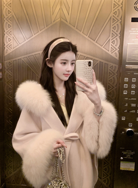 若语定制 气质名媛大衣真狐狸毛领+全羊毛双面呢斗篷外套冬季保暖