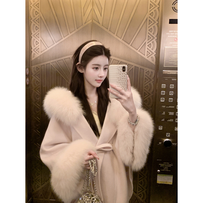若语定制 气质名媛大衣真狐狸毛领+全羊毛双面呢斗篷外套冬季保暖