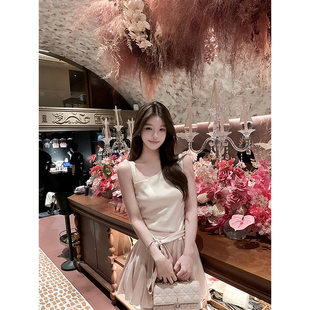 若语定制 轻颜韩女 缎面皱褶荡领上衣半身裙套装气质时尚两件套