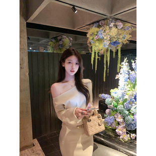 若语定制 抗起球连衣裙送皮带斜肩纯欲气质裙子 素颜大女主3.0