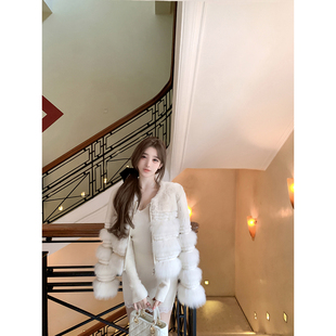 若语定制 南韩贵女 气质名媛千金风100獭兔毛狐狸毛皮草外套短款