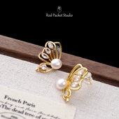 红口袋 法式 复古浪漫天然淡水珍珠耳环S925银针镂空蝴蝶镶钻耳钉