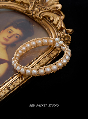 红口袋复古法式宫廷风天然淡水珍珠绕线开口可调节手镯手环手链女