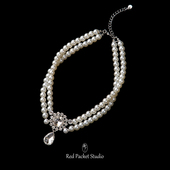 红口袋法式 复古双层珍珠项链配礼服水滴吊坠颈链夸张新娘婚纱配饰