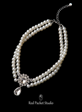 红口袋法式复古双层珍珠项链配礼服水滴吊坠颈链夸张新娘婚纱配饰