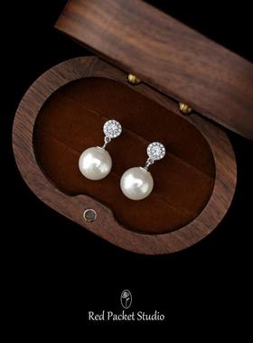 红口袋 法式复古S925纯银镶钻施家珍珠耳环耳钉银灰色高级感耳坠