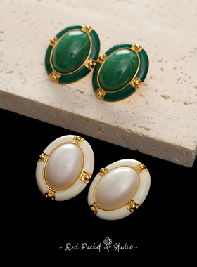 红口袋 法式复古宫廷风绿色S925银针椭圆形珐琅小众耳钉耳环耳饰