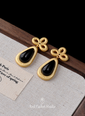 红口袋 复古高级感黑色水滴S925银针耳环中国结国风旗袍耳坠耳饰