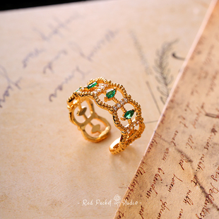 红口袋 法式复古宫廷风仿制祖母绿黄铜开口戒指小众优雅蕾丝指环