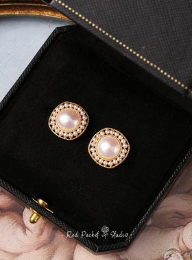 红口袋法式复古天然淡水珍珠耳环宫廷风银针包边新娘耳钉耳饰新款