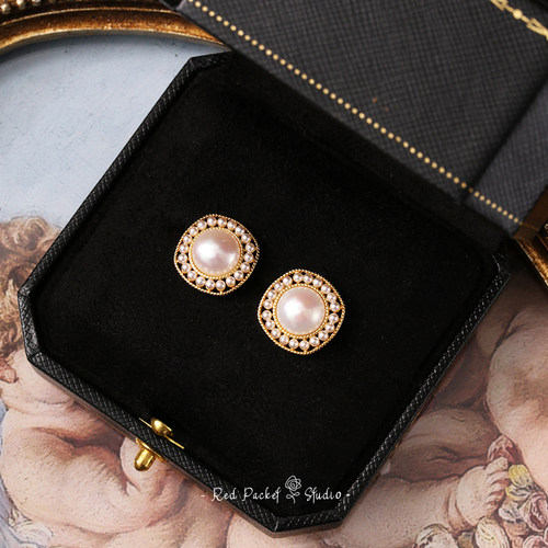 红口袋复古法式淡水珍珠耳钉耳环