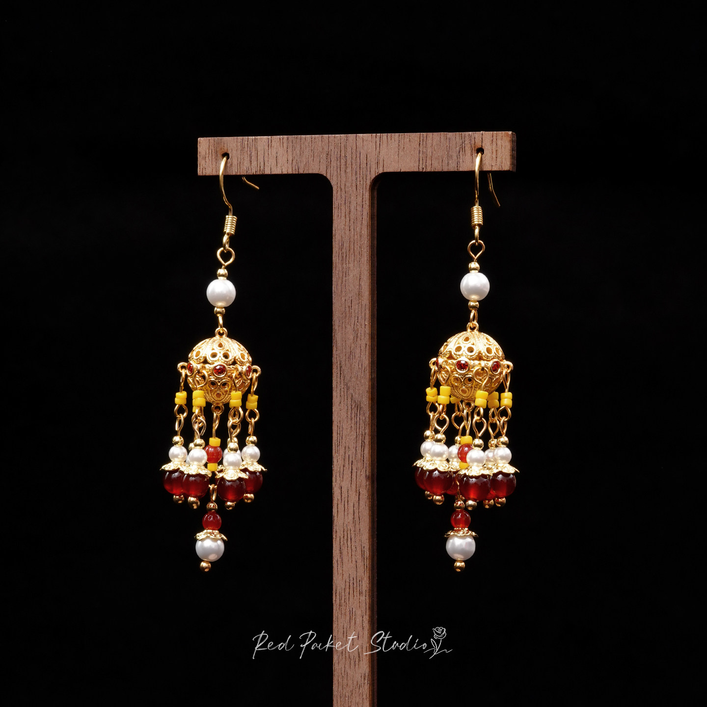 红口袋中式古典流苏珍珠耳环民族风镂空花球中国风高级感耳钩耳坠