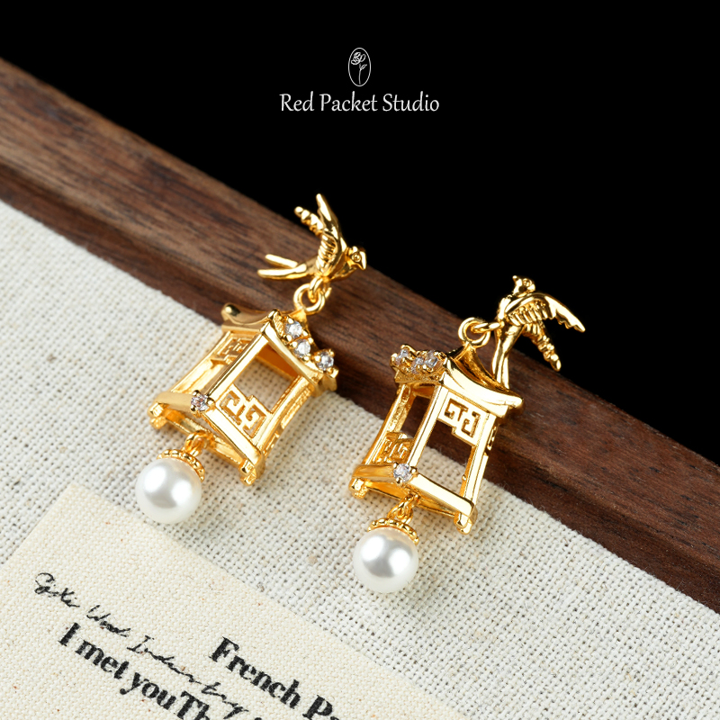 红口袋新中式小众设计感珍珠耳环S925银针凉亭燕子中国风旗袍耳饰