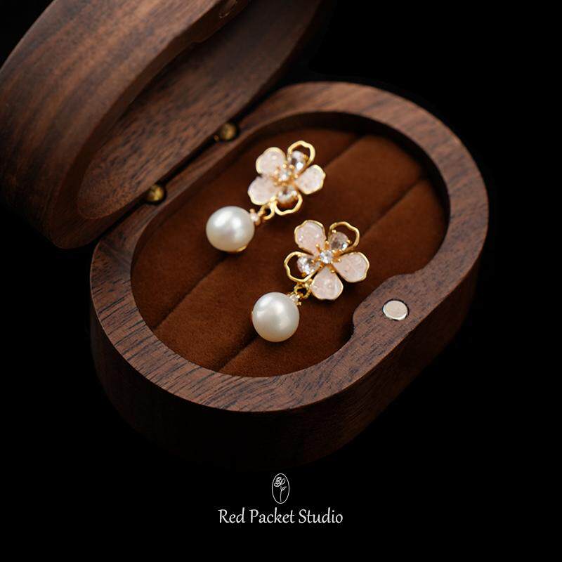 红口袋 法式浪漫天然淡水珍珠花朵耳环冰晶锆石S925银针樱花耳坠