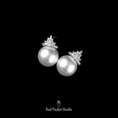 红口袋法式复古轻奢优雅高级感珍珠耳环S925银针镶钻皇冠耳钉耳饰