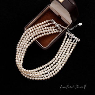 红口袋法式复古高级优雅多层施家珍珠项链锁骨链颈链手链礼服配饰