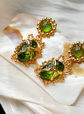 红口袋法式复古高级感轻奢耳环夸张绿色S925银针耳坠耳饰夏季新品