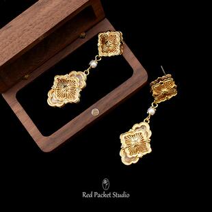 红口袋法式复古重工镂空雕花耳坠S925银针轻奢高级感古典耳环耳饰