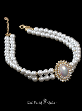 红口袋原创法式复古双层仿制珍珠项链新娘婚纱写真颈链choker饰品