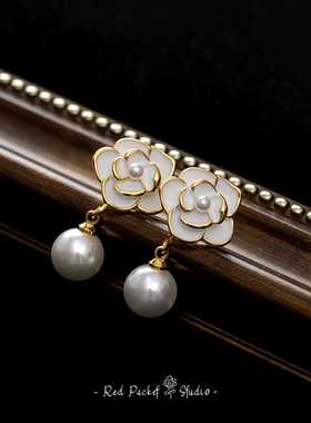 红口袋 法式复古小香风山茶花银针珍珠耳环ins高级气质花朵耳饰