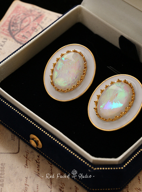 红口袋法式复古高级新款炫彩金箔珐琅夸张大耳环耳钉珍珠银针耳饰