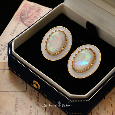 红口袋法式复古滴油珍珠耳环银针