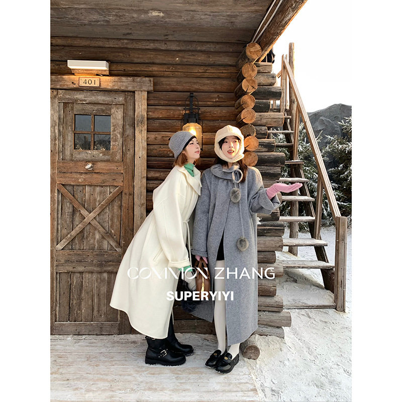 CZ ZHANG 2025冬季韩版高级感纯色毛绒球中长款双面呢羊毛大衣女