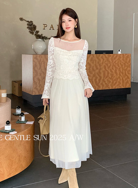 SE GENTLE SUN秀熙熙2025新款法式气质拼接网纱修身显瘦连衣裙