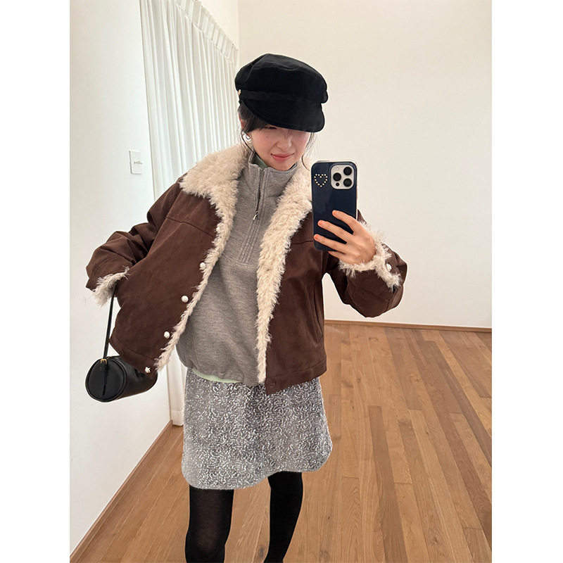 Allo Fu 2025新款舒适简约羊羔毛夹棉冬季麂皮绒小个子宽松外套女