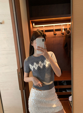 趋梦DT ETOLIE复古菱格短袖针织衫女多色圆领修身休闲学院风上衣