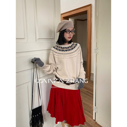 CZ ZHANG 2025秋冬亲肤羊毛针织衫女费尔岛提花保暖毛衣打底衫