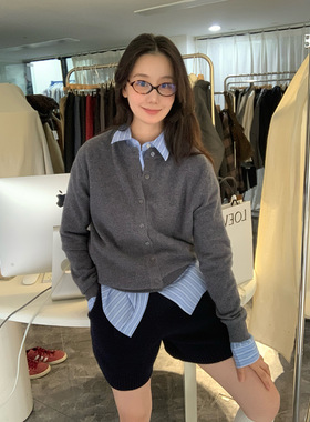 SROOM十三行美丽诺全羊毛针织衫女圆领开衫春秋外搭上衣秋冬毛衣