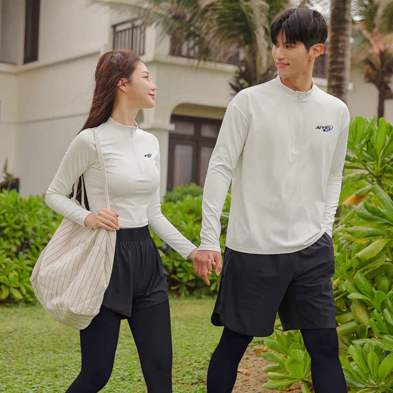 女士分体平角长袖长裤五件套温泉保暖泳装潜水服男士全身拉链泳衣