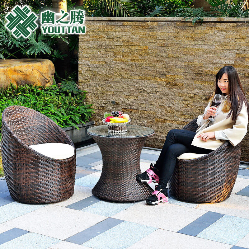 藤编户外桌椅三件套组合 休闲室内外阳台庭院咖啡厅单人藤椅 家用