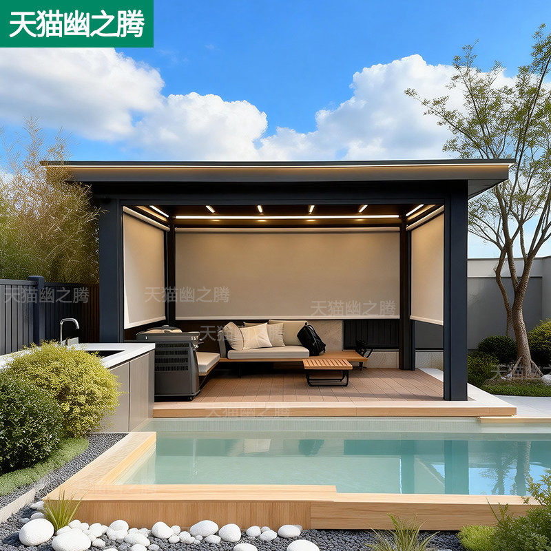 铝合金电动百叶凉亭户外现代简约别墅庭院花园遮阳棚四面卷帘亭子