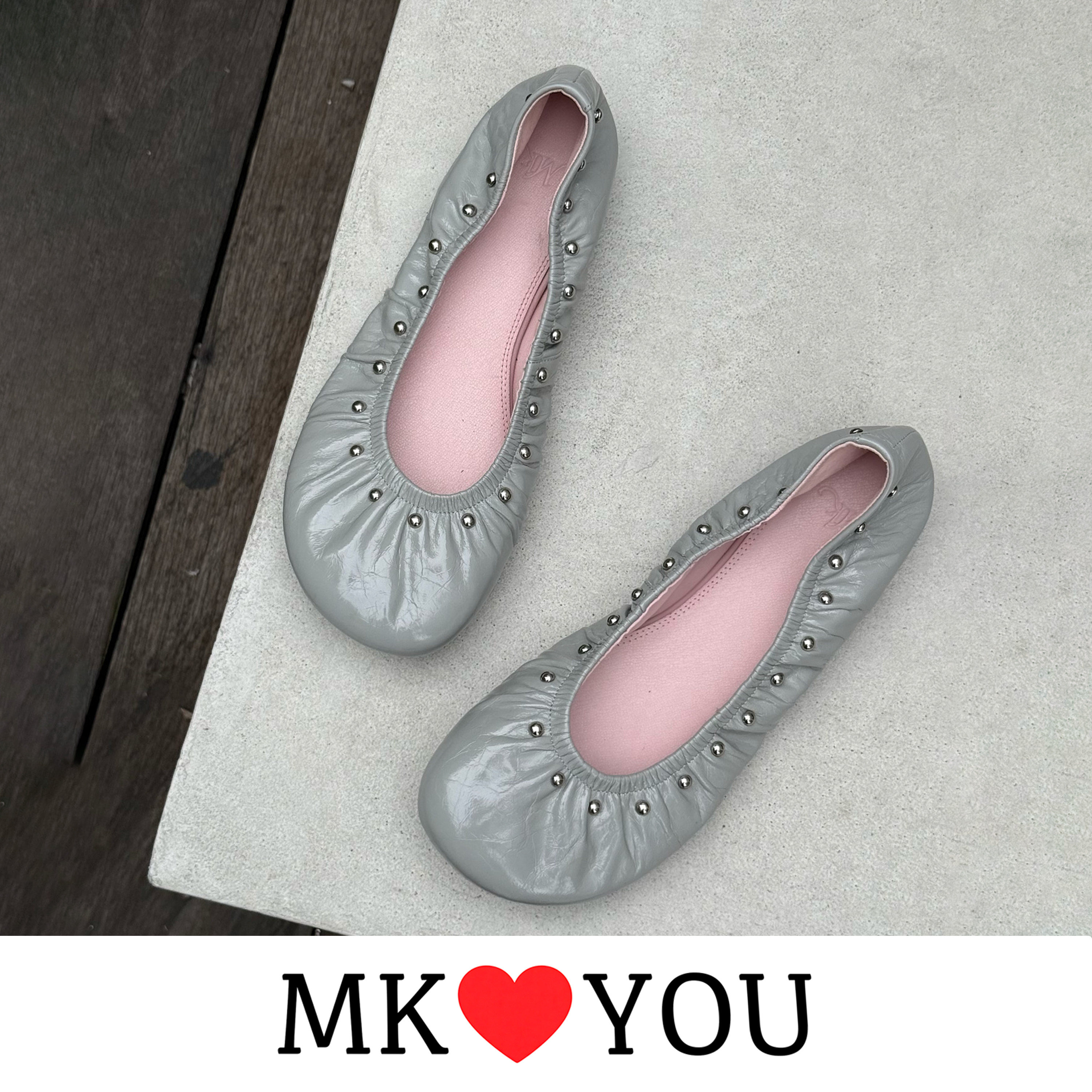 MUMKKO莓刻「胖钉鞋」灰色DotStuds朋克风铆钉褶皱 女鞋 油蜡牛皮