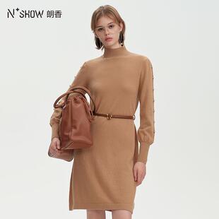 NOWSHOW朗香冬季新品驼色半高领腰带羊毛连衣裙244035