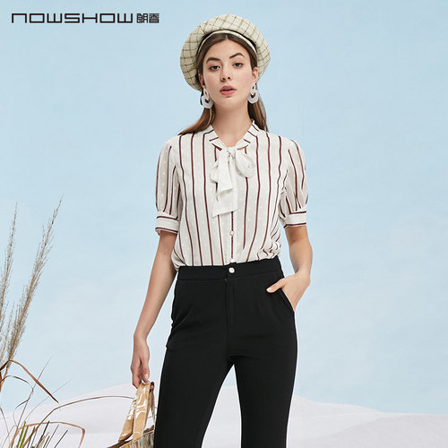 nowshow朗香亮钻飘带领条纹衬衫