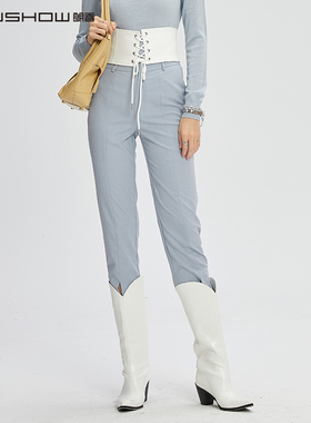 NOWSHOW朗香灰蓝色显瘦开叉烟管裤211013