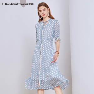 NOWSHOW朗香蓝花复古格接连衣裙202116