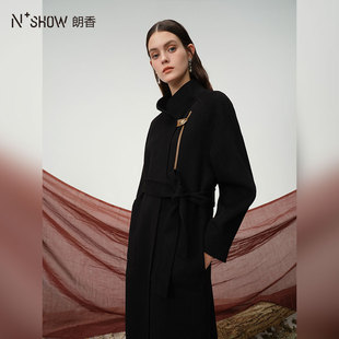 NOWSHOW朗香冬季新品黑色立领双面尼显瘦赫本风外套大衣234023