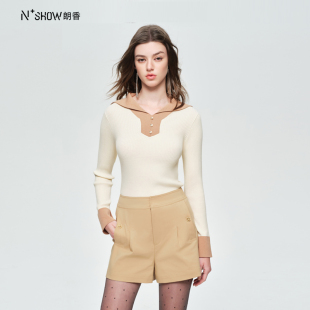 NOWSHOW朗香春季新品米色拼卡其色针织衫241025