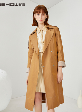 NOWSHOW朗香咖色袖口条纹翻边风衣201105