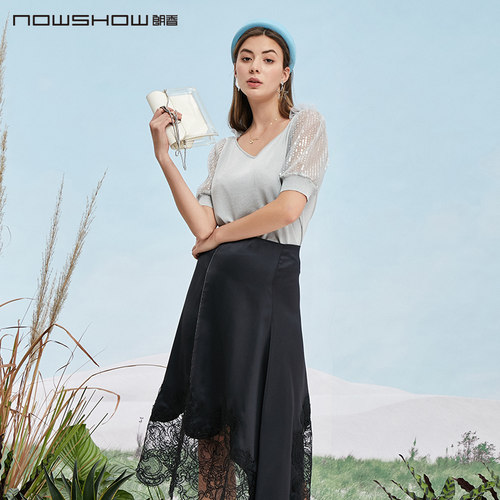 nowshow朗香网纱拼接套头针织衫