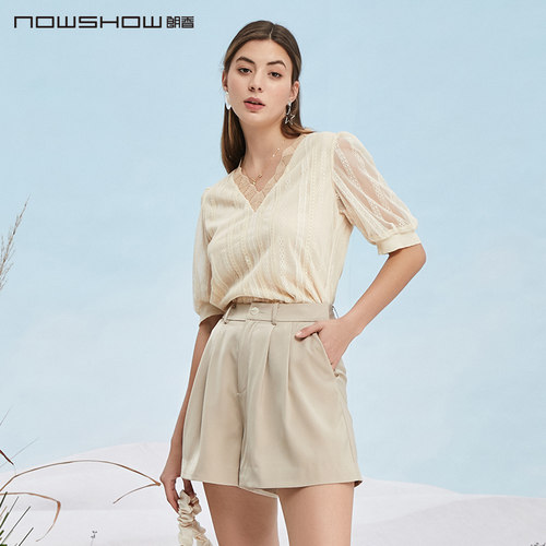 nowshow朗香v领弹力网纱上衣